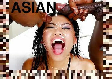 Asian slut acquires facial bukkake after blowing multiple cocks