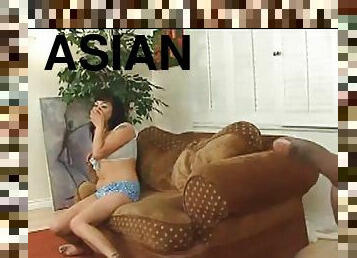 Dazzling Asian cowgirl in short yelling while being fucked before swallowing cum in interracial sex