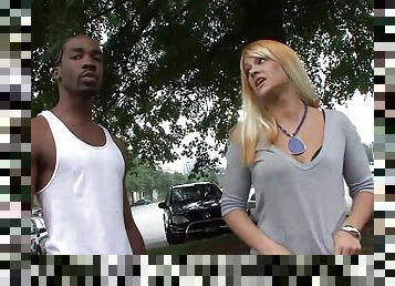 Charming blonde is seduced and gangbanged in nasty interracial action