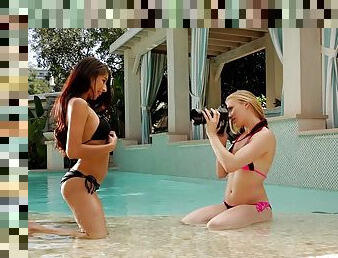 These two sexy girls swim in the pool naked then hook up