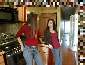 Long haired lesbians in jeans lick and toy each other in bathroom