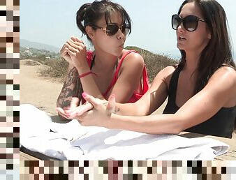 Two hot women in car enjoys happier naked moment