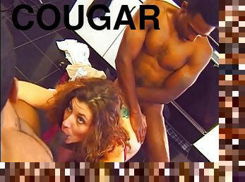 Tattooed cougar getting superb rim job before being drilled hardcore in threesome interracial sex