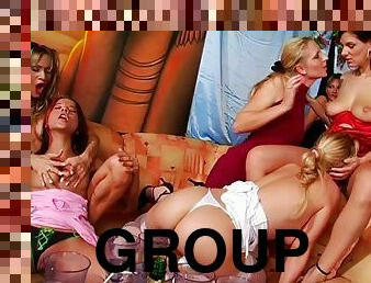 A huge group of girls have a wet, wild lesbian orgy
