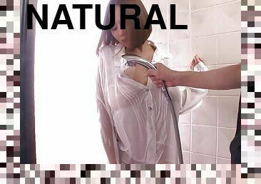 Massive natural Japanese breasts get a good washing in the shower