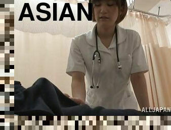 An Asian nurse gives him a bath then slabs herself on his cock