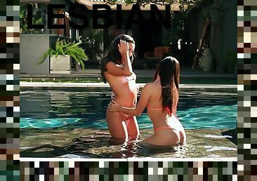 Jenna sativa and Maya Grand have a lesbian experience in the pool