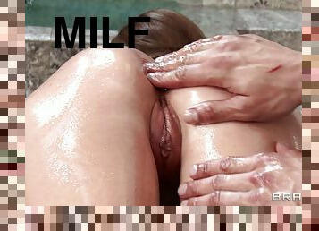 Oiled up MILF likes experimenting with different sexual poses