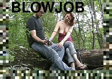 Mina Gorey gives blowjob outdoor in the forest before riding cock