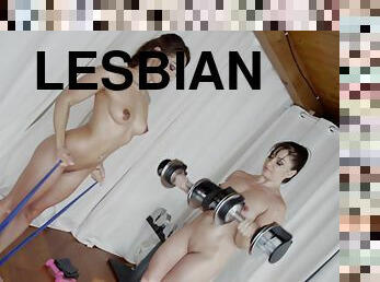 Sexy exercise in the gym turns into a complete lesbian free for all