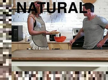 Cheerful redhead with natural tits gets fucked hardcore in the kitchen