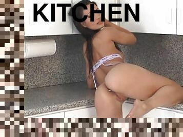 Adriana Sage dildo fucking her pussy solo on the kitchen counter