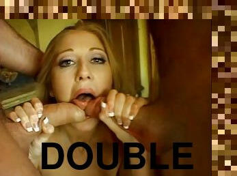 Depraved Michelle Louise gets double penetrated and swallows cum