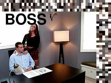 A boss lifts up his secretary's skirt and fucks her on his desk in the office