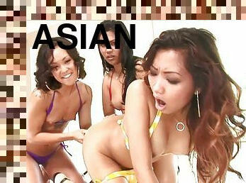 Accepting Asian lesbian with long hair stripteases before getting the pleasure of toy