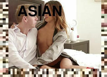 Vivacious Asian girl with small tits enjoying a hardcore missionary style fuck