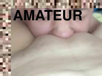 A dude works on his GF's meaty shaved pussy in POV video