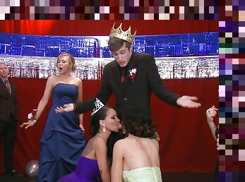 Prom king fucks two sexy brunettes in a hot threesome