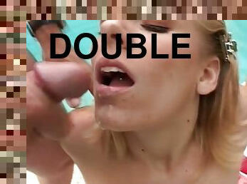 Blonde cutie Laya Leighton gets double penetrated on the poolside