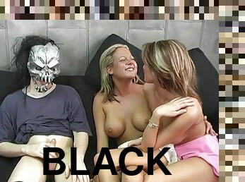 Two White chicks suck black cock and get banged on a sofa