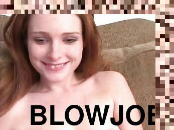 Slim redhead babe gives an amazing blowjob and shows a pussy