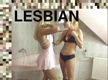 Horny blonde babes take a shower and toy their pussies