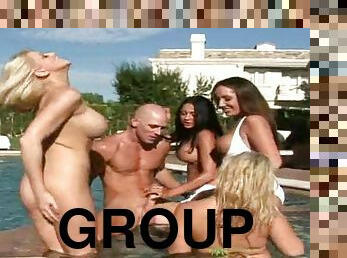 Four hot chicks and a guy have wild group sex outdoors