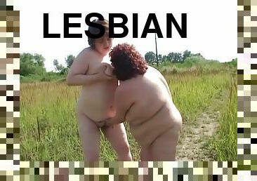 Country side BBW ladies are making out in a lesbian sex