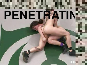 Tattooed wrestler gets over her opponent and penetrates her hard