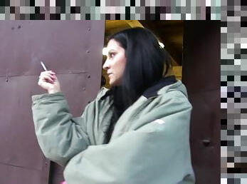 Clair Brooks smokes a cigarette and then rides a dick