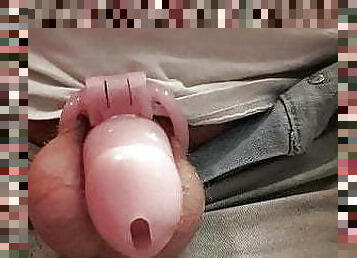 Sissy locks her pathetic small dick in chastity 
