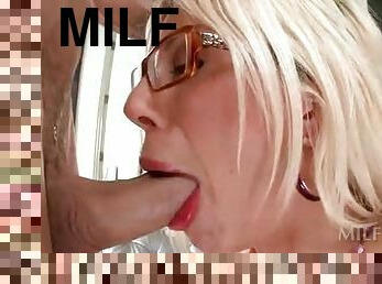 Slutty blonde MILF in glasses gets starved twat drilled hard