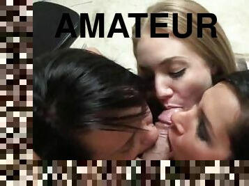 College party hoes take turns in fucking huge cock