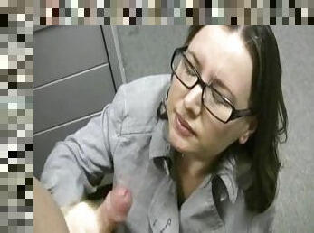 Brunette office girl in glasses gives hot POV blowjob