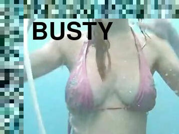 peldēšanās, lielās-krūtis, kamera, pludmale, voyeur, naturāls, busty, duša, bikini