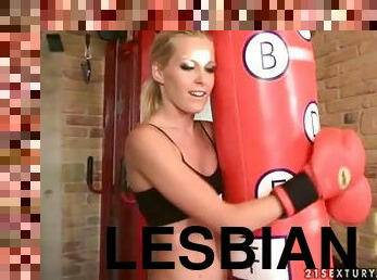 Playful Ann and Sophie Moone make lesbian love in a gym. Backstage clip