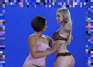 Three hot lesbians fondle each other in the studio. Backstage clip