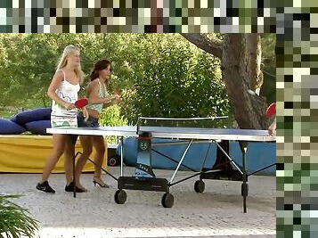 Four sweet girls have hot lesbian sex after playing ping pong