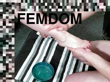 My Leashed Slave Cleaning My Tiny Feet On His Knees  Femdom Foot Bath and Massage
