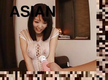 Mao Hamasaki wears a fishnet bodysuit while bouncing on some dick