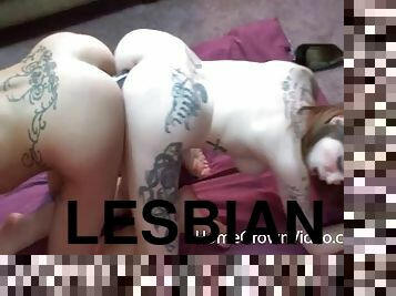 Lesbian babes with tattoos go ass to ass with a double dong