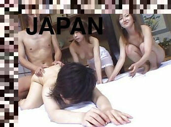 A lucky dude has sex with four Japanese AV models at once