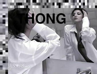 Sunny Leone show erotic and glamorous poses wearing thong and tie in bathroom