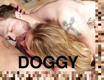 Sassy blonde giving a stimulating handjob as she gets drilled doggystyle