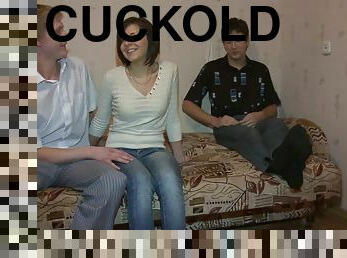A cuckolded guy watches his wife fuck another dude