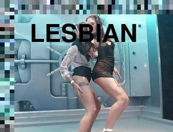 Impassioned lesbian duo enjoy an erotic wet dancing party