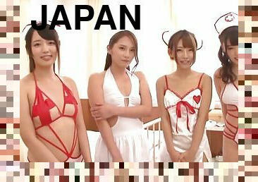 Lucky dude films in POV while four sexy Japanese girls give head