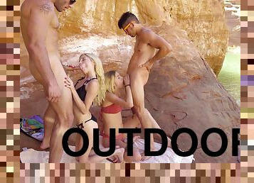 Amazing outdoors foursome with skinny babes Haley Reed & Kenzie Reeves