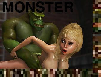Big monster plays with a hot sexy girl in the underground