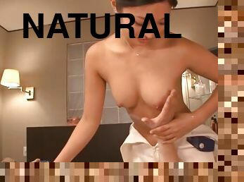 Natural boobs Asian girl Mizuki Miri pleasures his dick while topless
